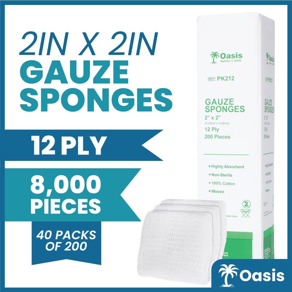 Oasis 2 x 2 inch Gauze Sponges, 100% Cotton, 12-Ply Woven Non-Sterile Gauze, 1 Case of 8000