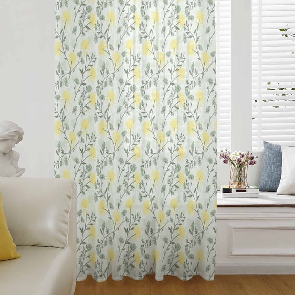 Yellow Spring Floral Semi Sheer Curtains Drapes for Living Room,Bedroom,French Doors Window 108 Inches Long,Flowers Leaves Pastoral Botanical Rod Pocket Chiffon Curtain Drapery Voile Draperies Panel