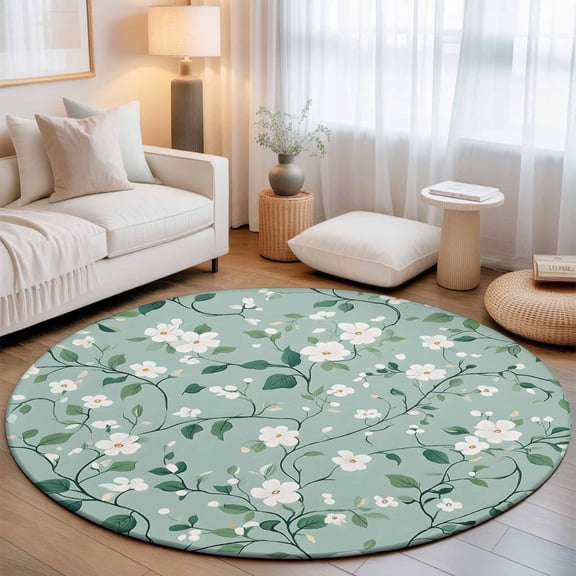Round Area Rugs 3.3Ft, White Teal Spring Floral Non-Slip Washable Circle Rugs Carpet, Watercolor Flowers Summer Botanical Indoor Outdoor Rug Floor Mats Throw Runner for Bedroom Living Room Bathroom