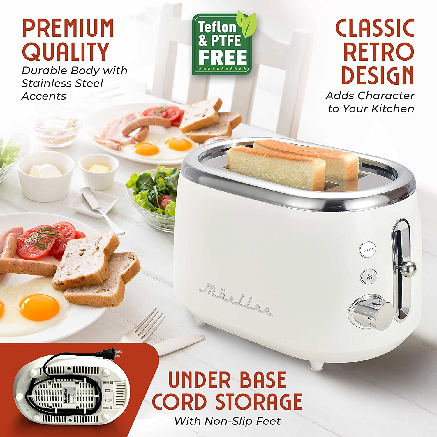 MÜELLERHOME Retro Toaster 2 Slice, 7 Browning Levels, 3 Functions (Reheat, Defrost, Cancel), Stainless Steel Features, Removable Crumb Tray, Under Base Cord Storage, White Toaster Kitchen Appliances