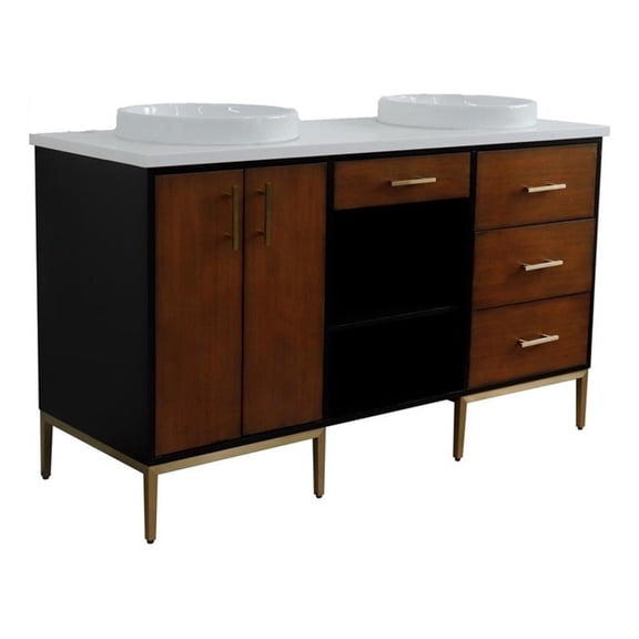 61 in. Double Wooden Vanity Walnut Black White Quartz Round Sink