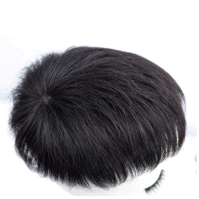 Peluca para hombre, repuesto de pieza de cabello de piel natural de 0,08 mm, tamaño base para hombre, 8 x 10 pulgadas, sistema V para hombre, negro oscuro ER