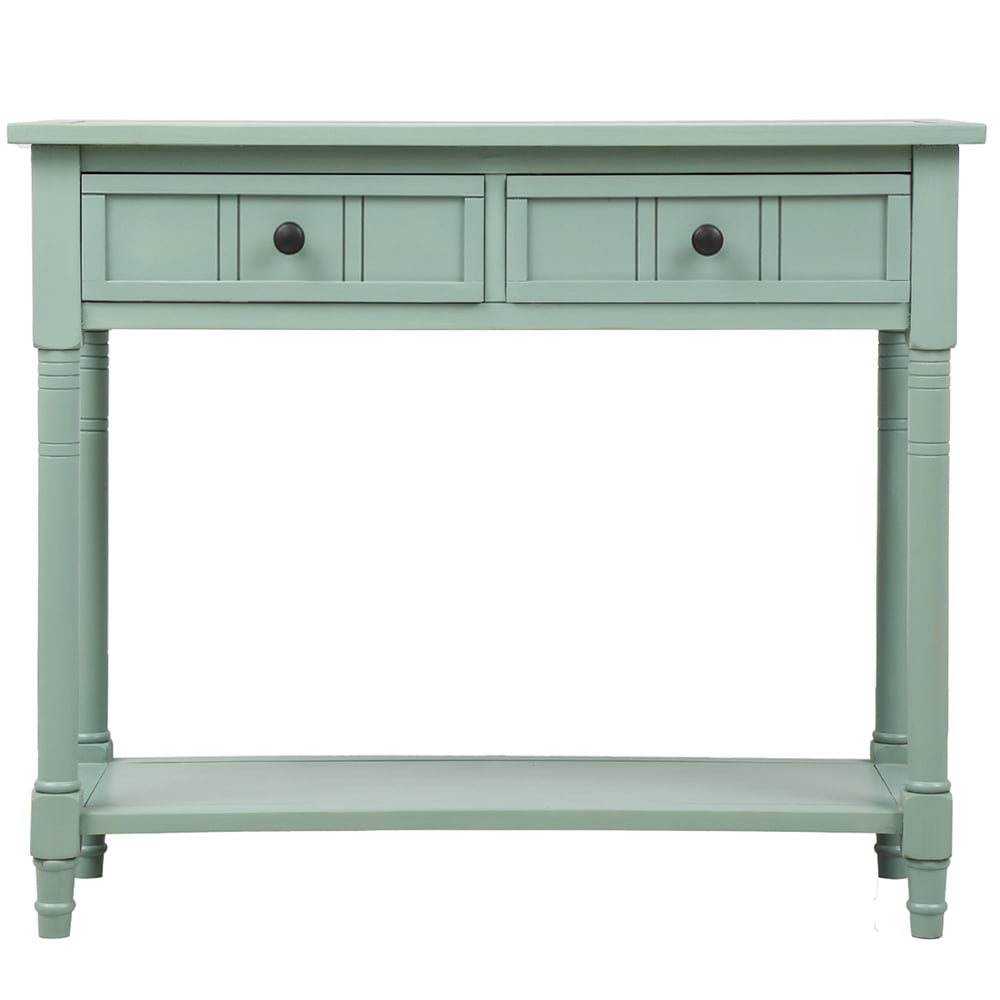 Kepooman Acacia Console Table with Two Drawers and Bottom Shelf, Traditional Design Sofa Side Table for Living Room Bedroom, Retro blue Kepooman Acacia Console Table with Two Drawers and Bottom Shelf, Traditional Design Sofa Side Table for Living Room Bedroom, Retro blue