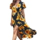 thumbnail image 1 of Vestido cruzado con cuello en V y manga corta con estampado floral, vestido elegante con cinturón y dobladillo con volantes para fiesta en la playa, girasol en negro S, 1 of 5