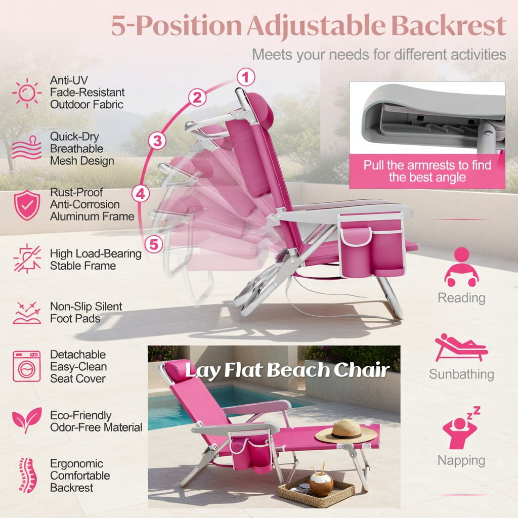 Hommoo Foldable Beach Chair with Cup Holder & Storage Pockets, Lightweight Aluminum Outdoor Chair for Beach, Pool & Lawn, Pink