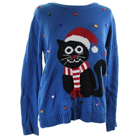 Karen Scott Petite Blue Embellished Holiday Cat Sweater PL