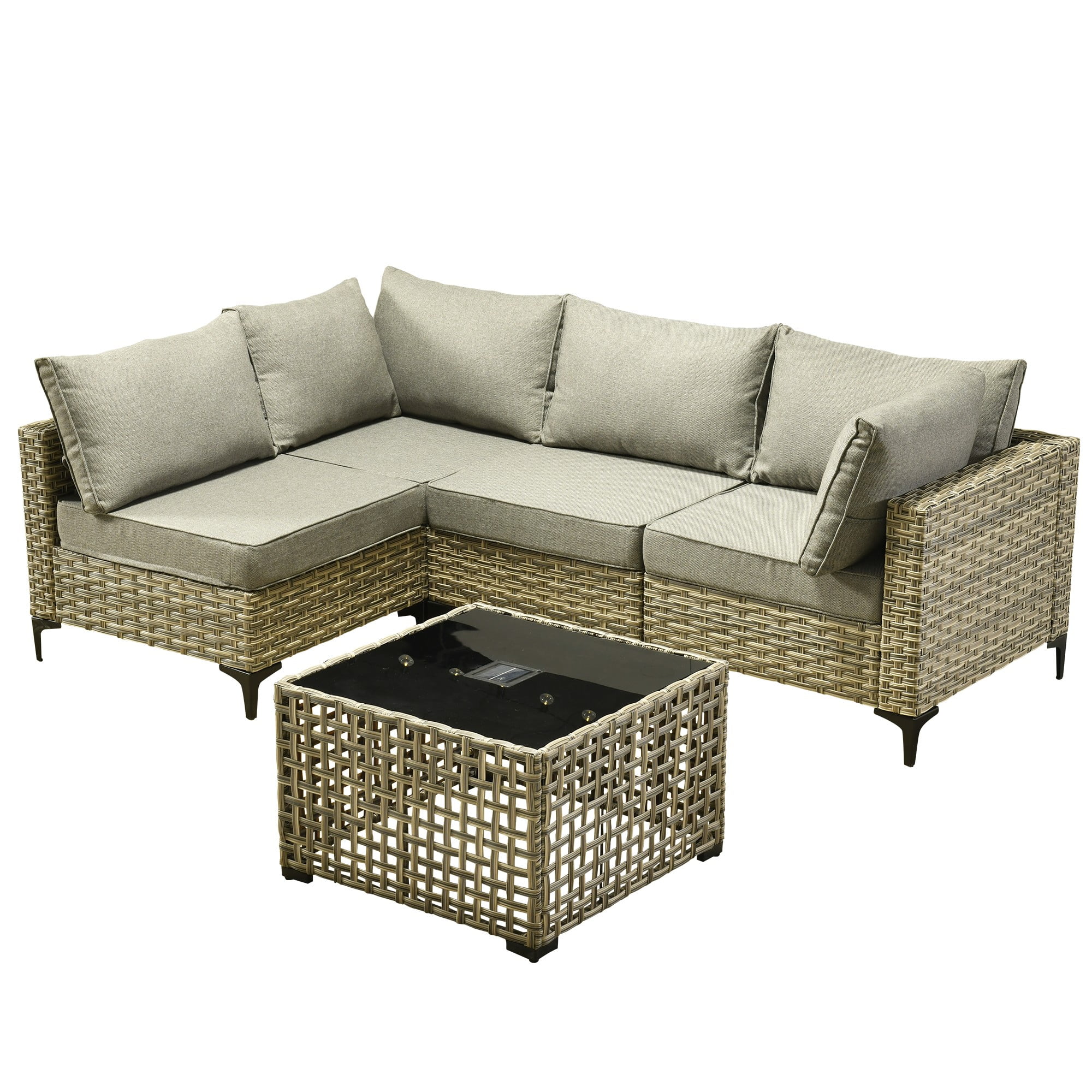 Ovios 5 Pieces Outdoor Patio Furniture Wicker Conversation Sectional with High-Back & Solar Lamps Coffee Table for Backyard