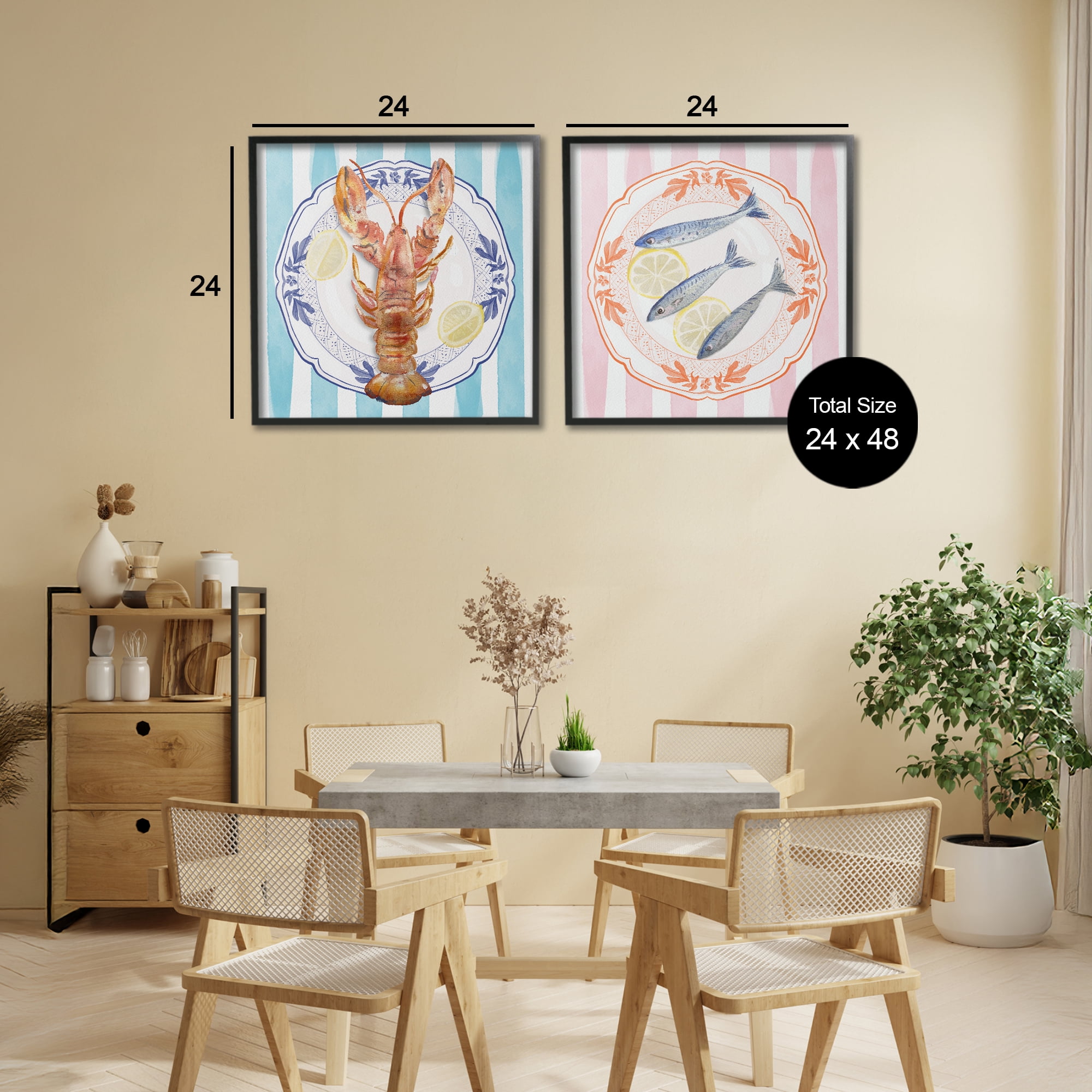Stupell Industries Lobster & Sardines Plates 2 Piece Black Framed Giclee Art Set, design by Christie Adams