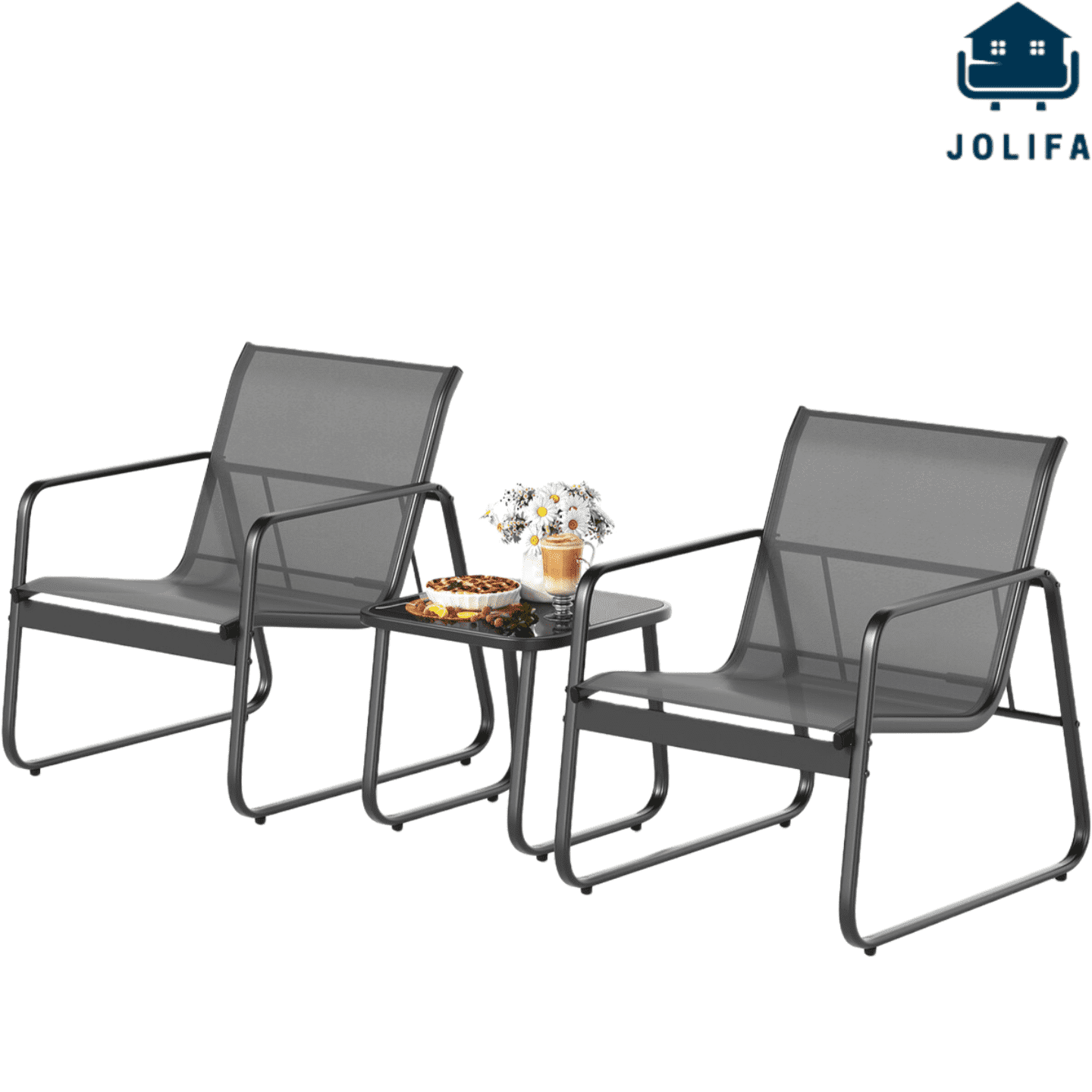 Jolifa 3-Piece Patio Furniture Set with 2 Chairs and 1 Metal Coffee Table for Backyard | Poolside | Porch,Gray Review