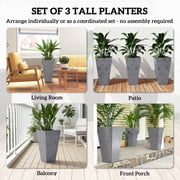 28 Tall Planters, Set of 3 Plastic Flower Pots with Marble Finish and Drainage Holes, Stackable Taper Planters, Gray