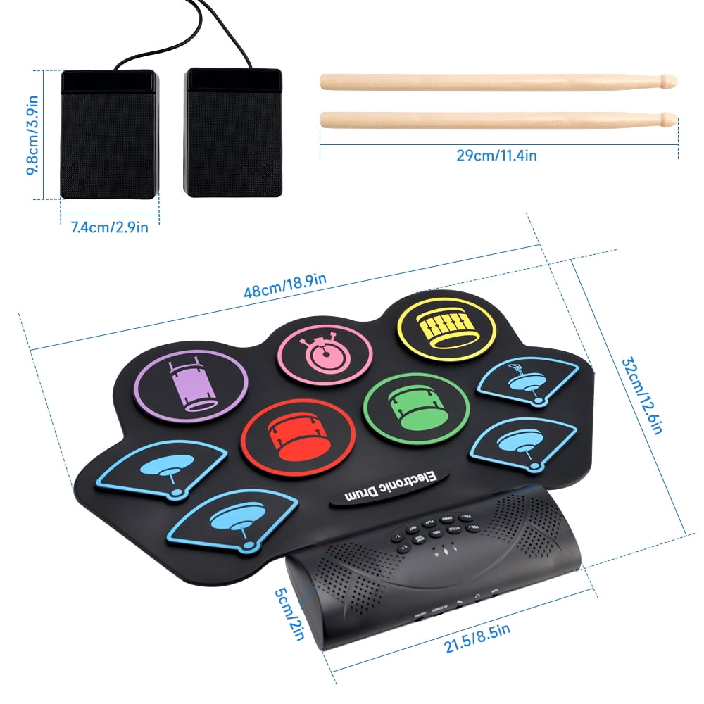 VIPQV Electronic Drum Set, 9-Drum Practice Pad with Headphone Jack, Hand-roll Drum Kit Machine with Built-in Speaker Drum Pedals and Sticks 10 Hours Playtime, Great Gift for Beginners