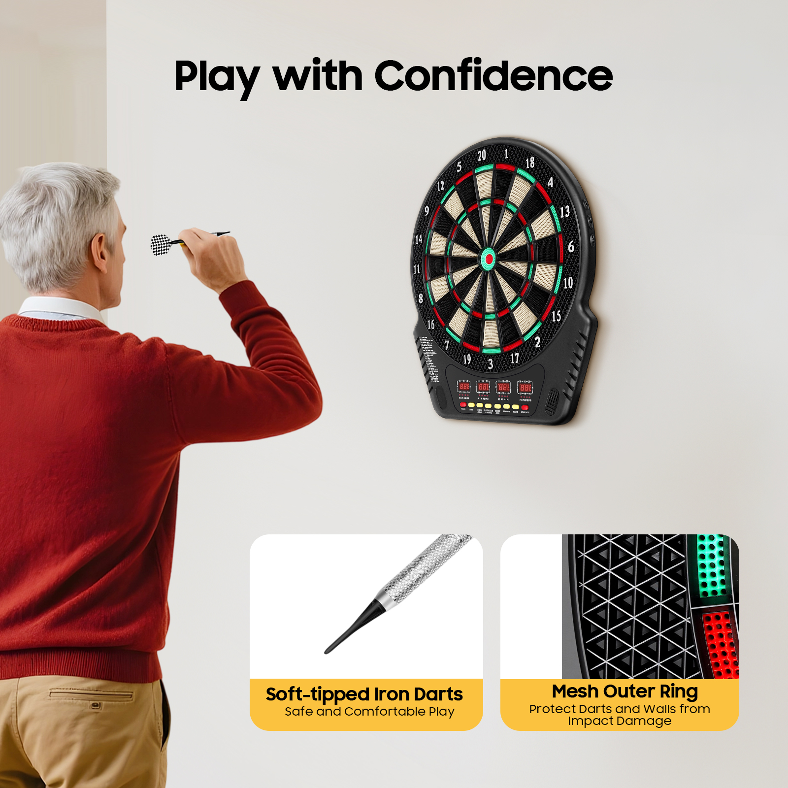Wall Mounted Electronic Dart Board with 6 Darts, Digital Soft Tip Dart Board Voice Prompts Automatic Counting Dartboard Set Innovative Dart Machine, for Home Bar Game center