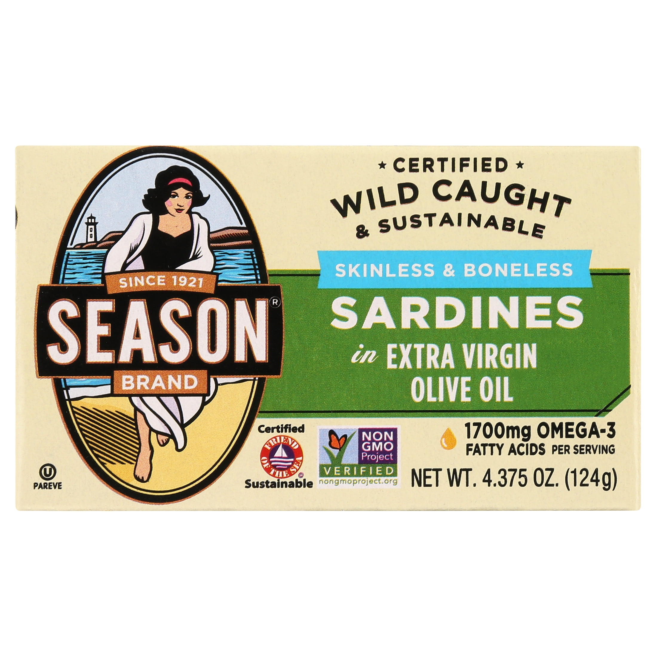 (6 pack) Season Brand Sardines, Skinless & Boneless, in Extra Virgin Olive Oil, 4.375 oz