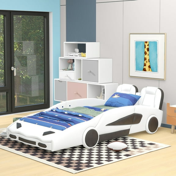 MODERNLUXE Twin Size Race Car Shaped Platform Bed with Wheels, White