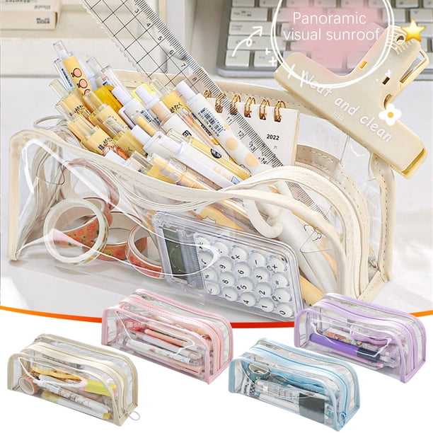Estuche transparente de gran capacidad con asa - Organizador portátil de papelería con 2 bolsillos de malla, panel extraíble y portabolígrafos desmontable
