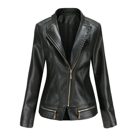 Lovskoo Women's Leather Jacket Long Sleeve Short Hoodless Faux Leather Outwear Lapel Jacket Motorcycle Jacket Black