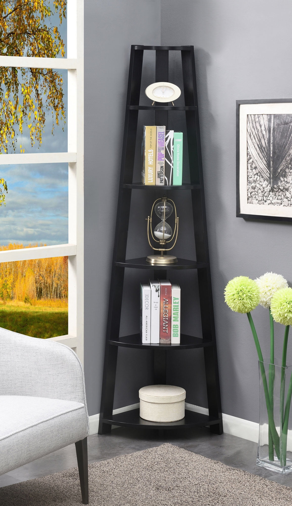 BRIGHTMOOM Newport 5 Tier Corner Bookshelf, Black