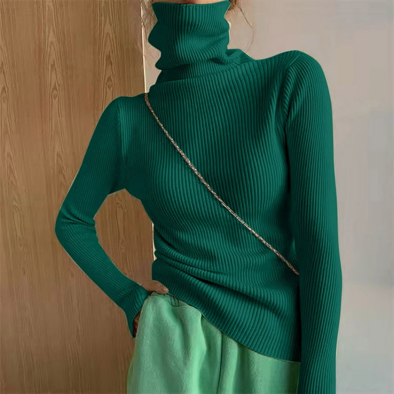 Green Womens Tops Women Turtleneck Ribbed Knit Sweater Top Thumb