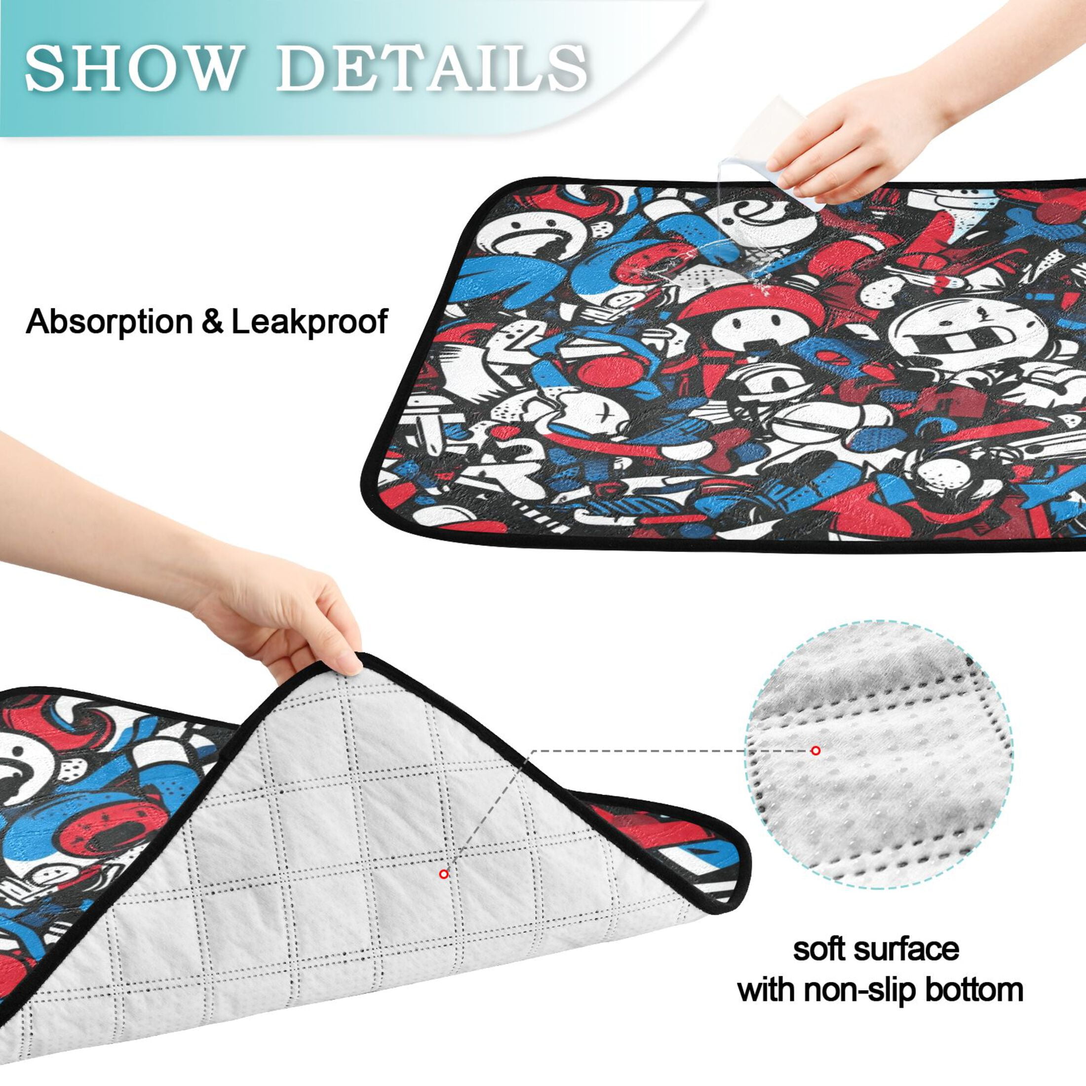 Qxltty Red Blue Graffiti Pattern Cat litter Pads Pet Set of 2 Diaper Mats Center Anti-leakage Layer Absorbent Soft and Comfortable