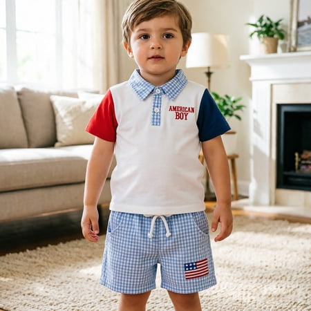 Boys Outfits Size 6-12M Collar Short Sleeve Embroidered Top with Plaid Shorts Independence Day Set Toddler Boy Clothes