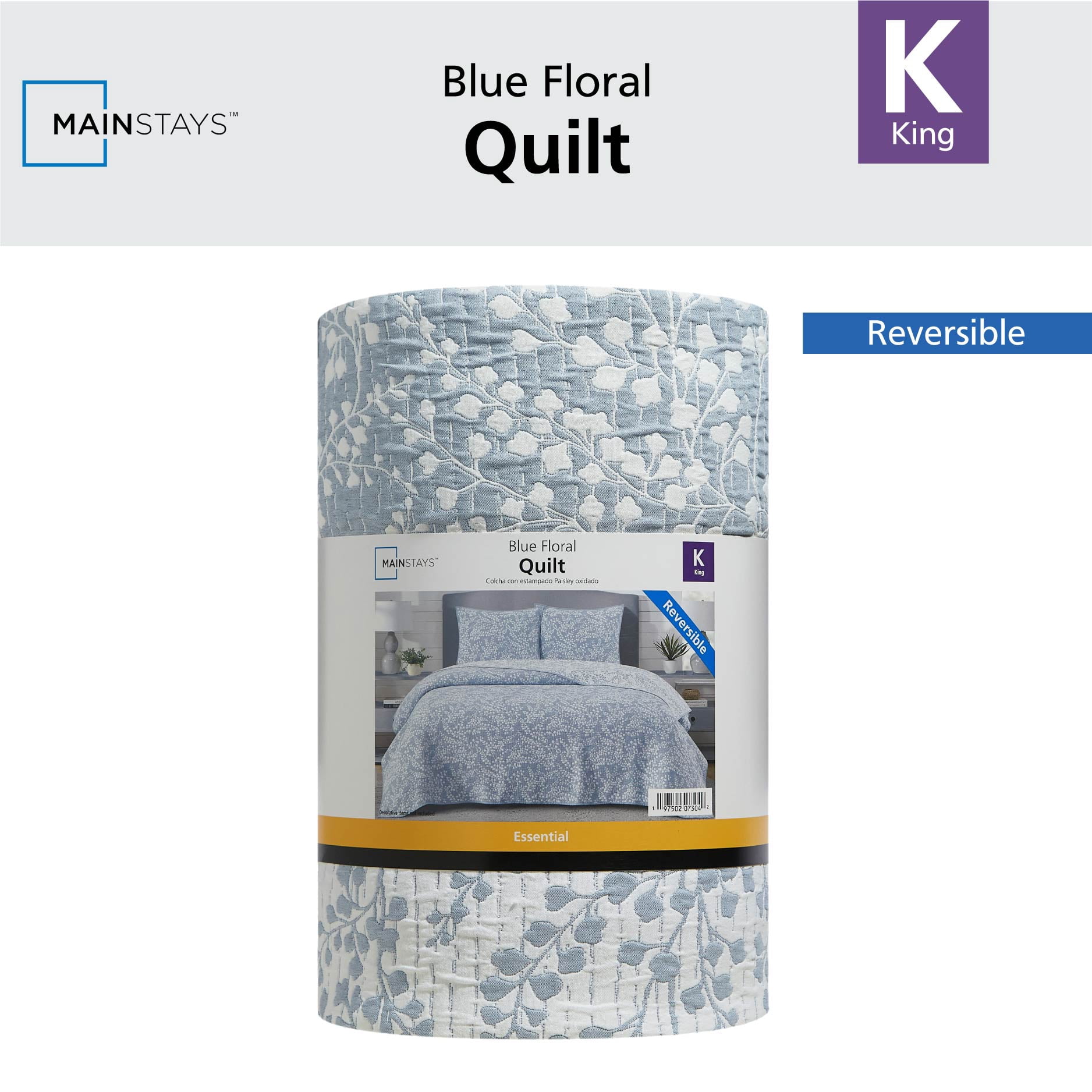 Mainstays Botanical Floral Stitched Quilt, King, Light Blue, Reversible Lightweight Bedding