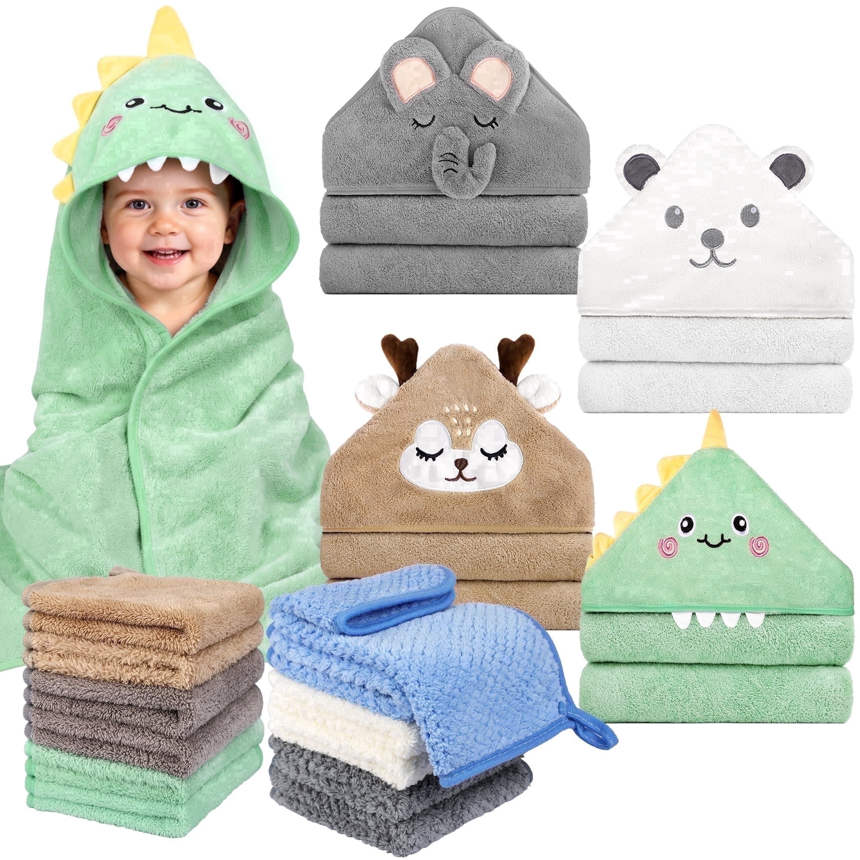 16 Pcs Baby Towels, 4 Pcs Soft Hooded Towels & 12 Pcs Washcloths, Baby Bath Towels for Newborns, Infants & Toddlers- Ultra Absorbent, Cute Towel Gift for Boys