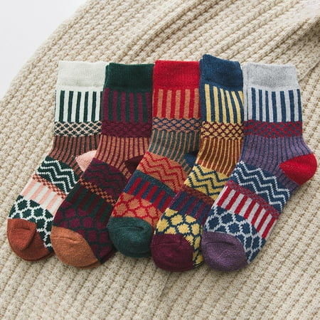 

5 Pairs Middle Tube High Elastic Welts Women Socks Breathable Faux Wool Straight Ripple Print Crew Socks for Fa