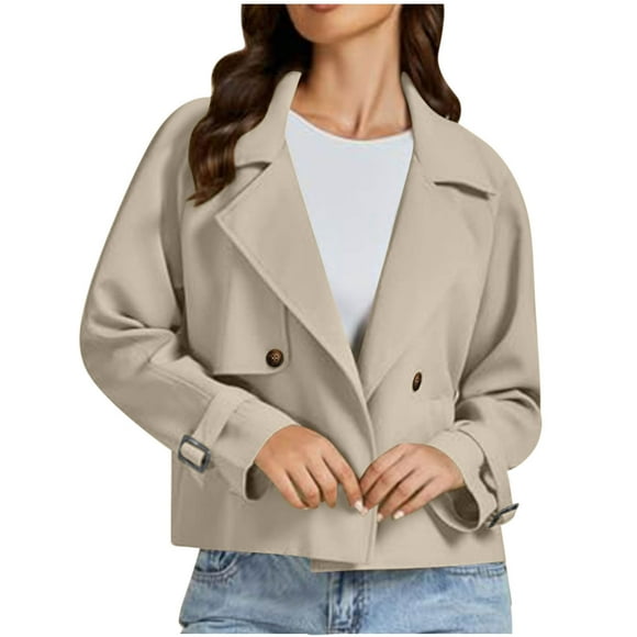 Atogsazn Cropped Trench Coat for Women Casual Long Sleeve Notched Lapel Jackets Fall Winter Clothes with Pockets Khaki S Fashion