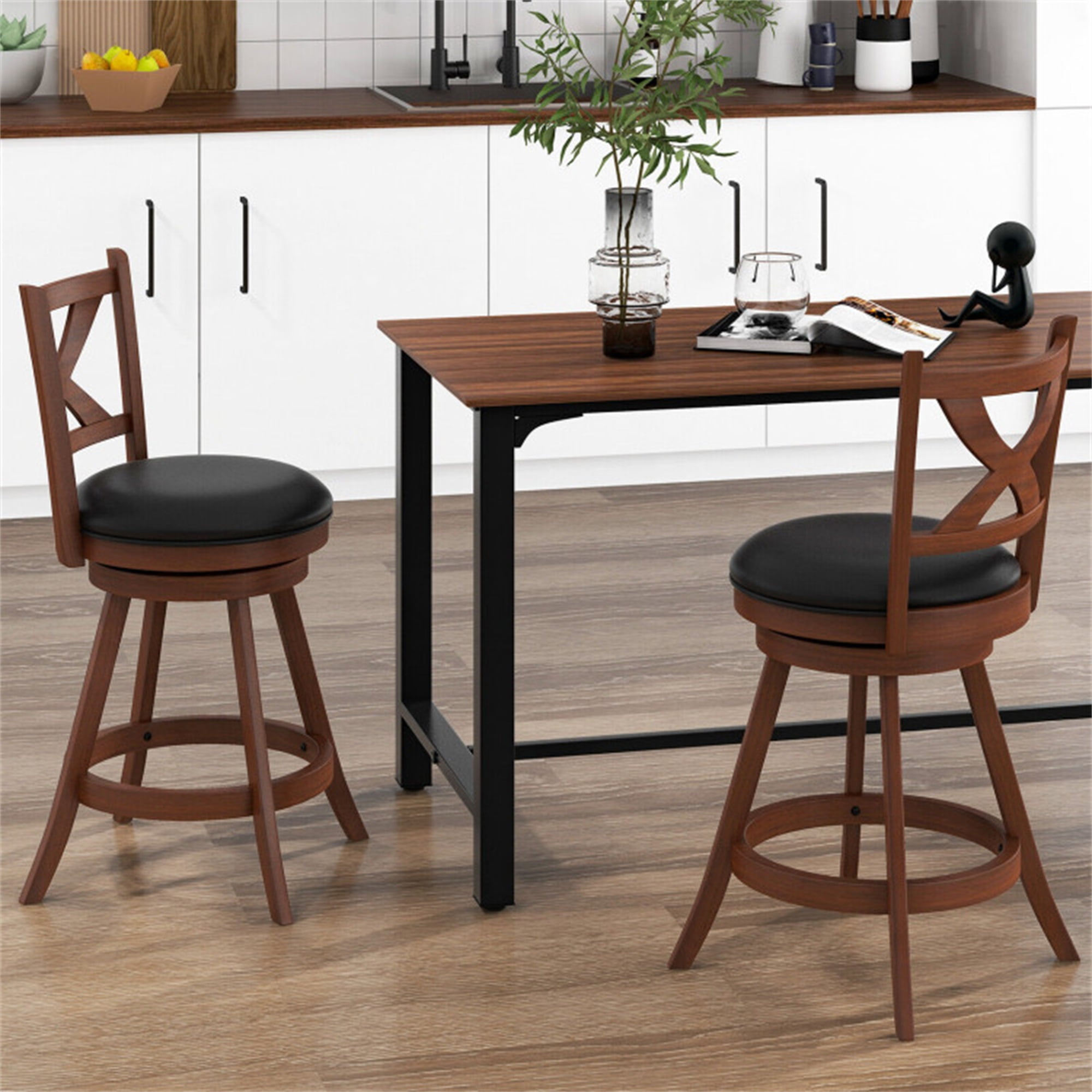 Demi Bonn 24" 2 Pieces Classic Counter Height Swivel Bar Stool Set with X-shaped Open Back, Modern Kitchen Dining Chair, Brown