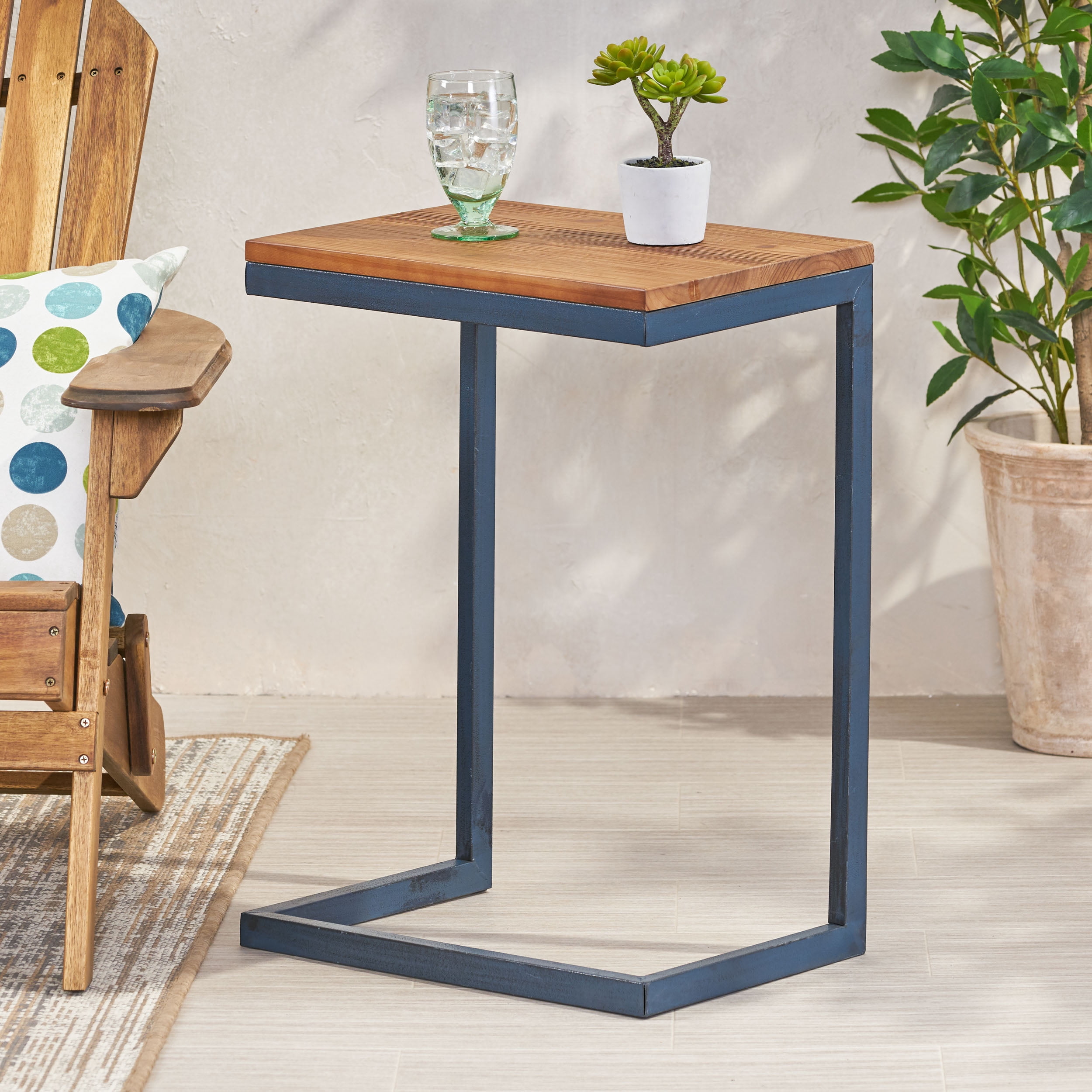 Fir Wood C-Shaped Accent Table, Antique Finish, Iron Base, Nesting Design, 3 Sizes Available