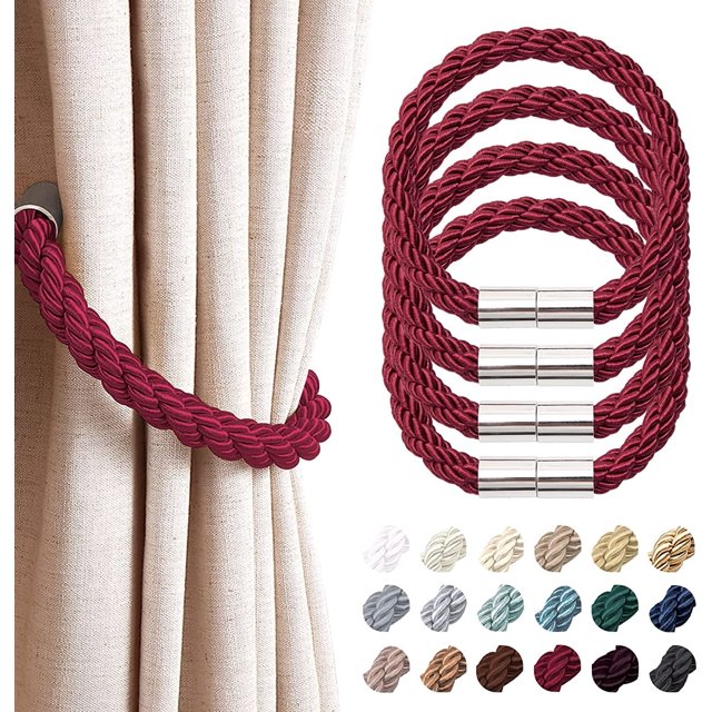 4 Pack Strong Magnetic Curtain Tiebacks Modern Simple Style Drape Tie Backs Convenient Decorative Weave Rope Curtain Holdback for Thin or Thick Home & Office Window Drapery (Wine Red)