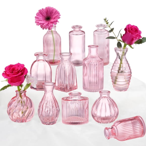 Juego de 12 jarrones PHUNTTEK de cristal rosa para centros de mesa de boda