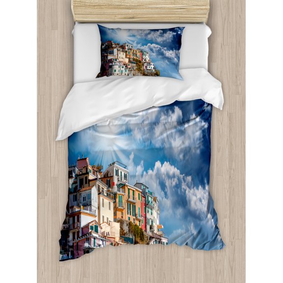 Vernazza Duvet Cover Set Twin Size, Cinque Terre Italy Fantastic Sky View with Landmark Houses and Fluffy Cloudy, Decorative 2 Piece Bedding Set with 1 Pillow Sham, Multicolor, by Ambesonne
