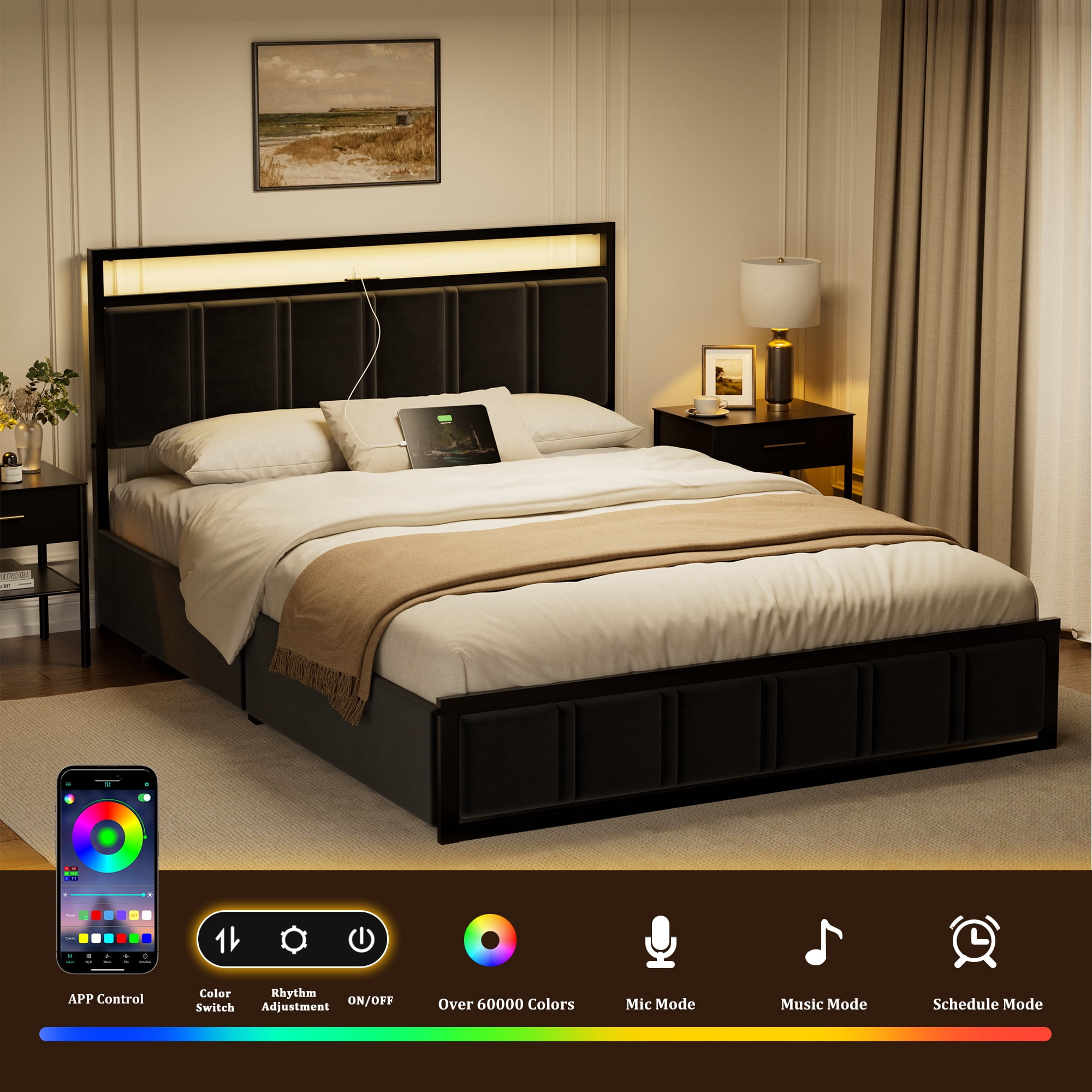 GUNAITO Queen Bed Frame with Headboard, Platform Bed with 2 Drawers, Velvet Upholstered Bed Frame with LED Lights & Charging station，Black