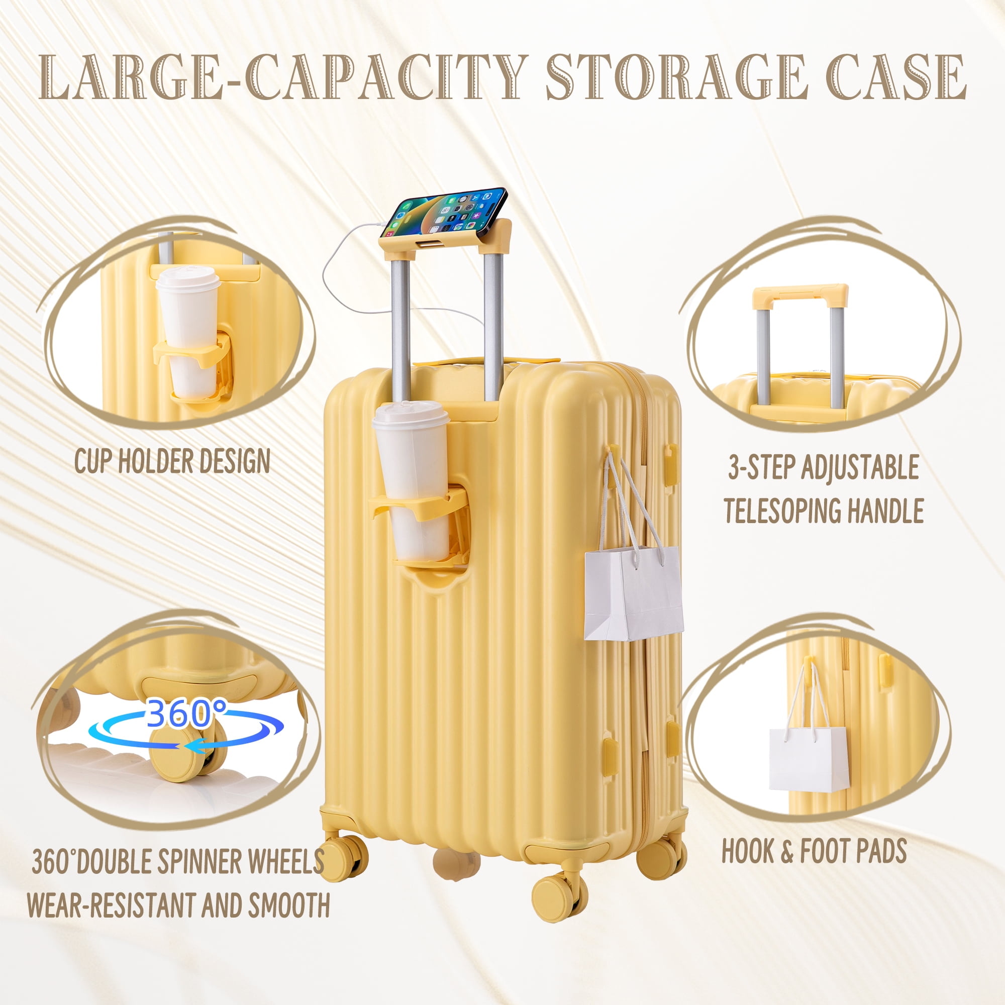 ABS Spinner Wheel Luggage Sets, Carry on Suitcase, with Cup Holder & USB Port & Phone Holder (20/24/28)