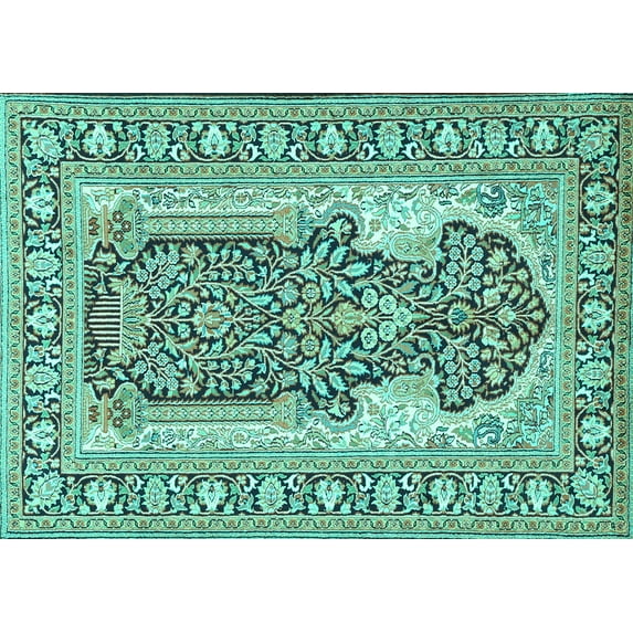 Ahgly Company Machine Washable Indoor Rectangle Persian Turquoise Blue Traditional Area Rugs, 7' x 10'