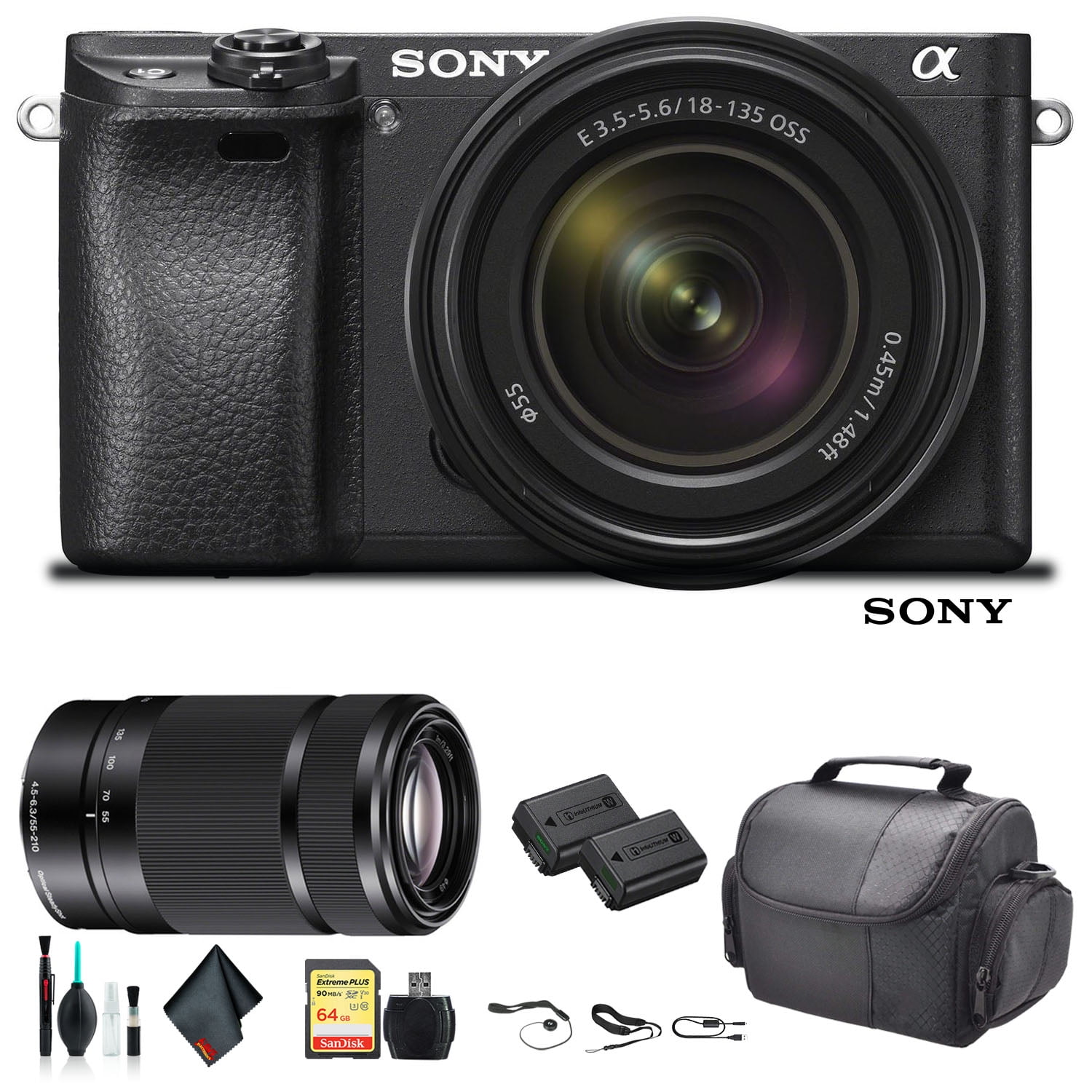 Sony Alpha a6500 Mirrorless Camera with 18-135mm Lens ILCE-6500M/B With Sony 55-210mm Lens, Soft Bag, Additional Battery, 64GB Memory Card, Card