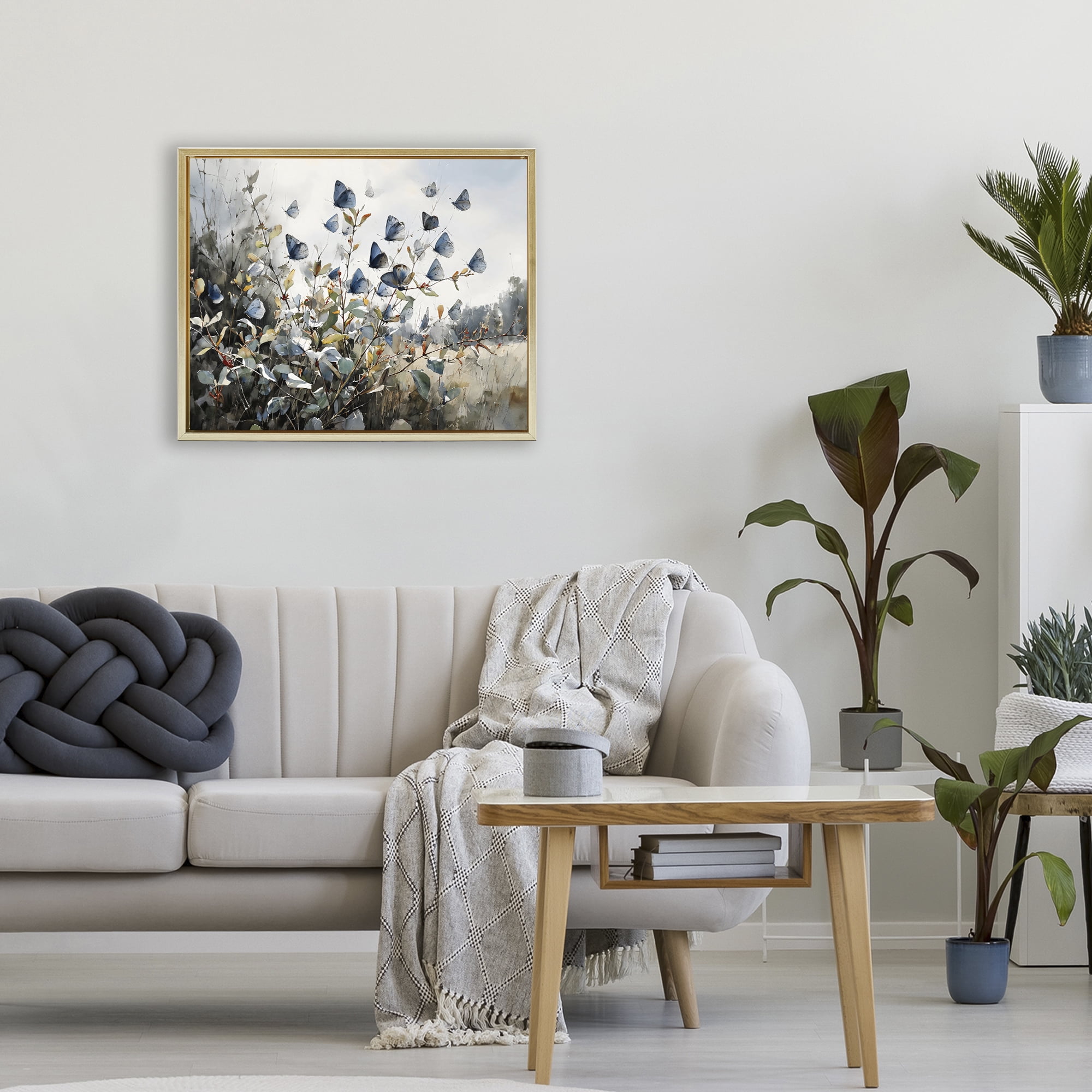 Stupell Industries Blue Butterflies Among Meadow Leaves Gold Framed Floater Canvas Wall Art, design by Franklyn Gregory