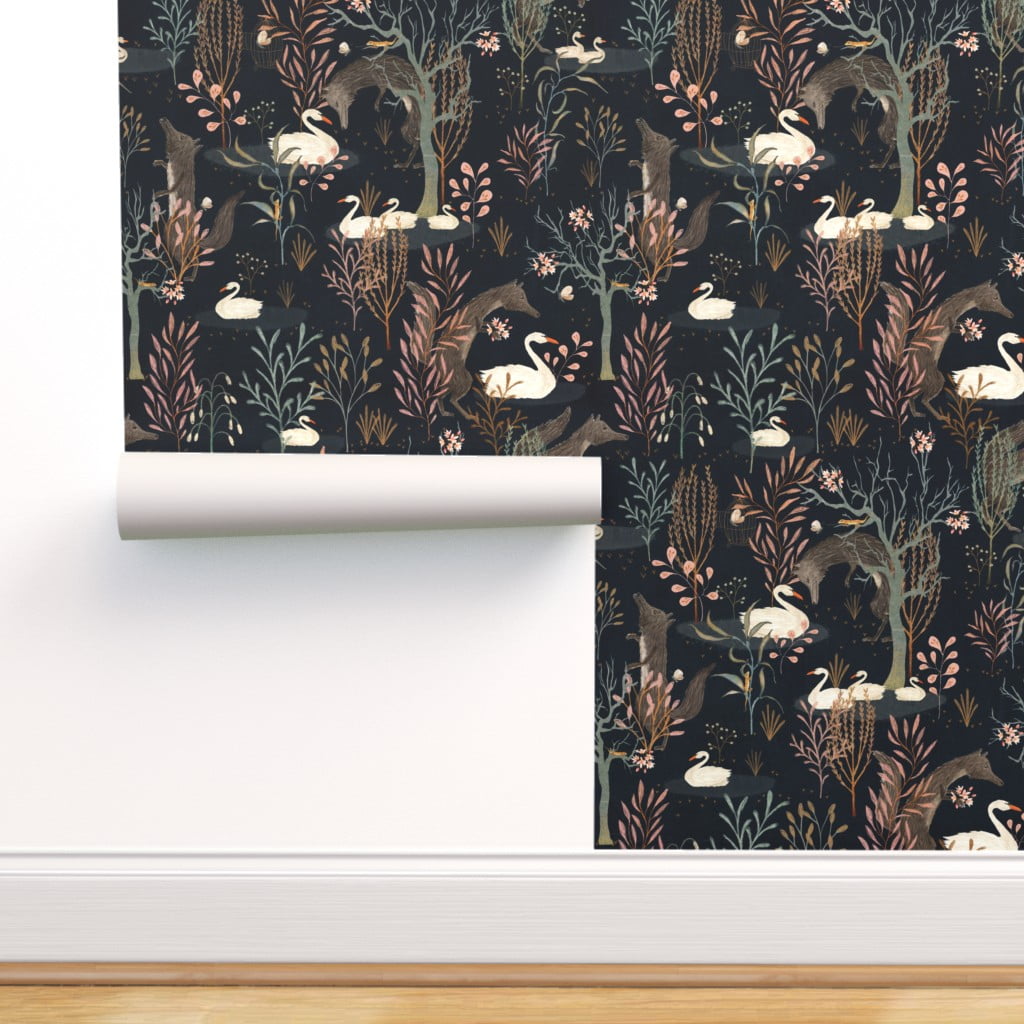 Removable Wallpaper Swatch - Black Forest Large Pink Blue Woodland Dark Swan  Lizard Custom Pre-pasted Wallpaper by Spoonflower 