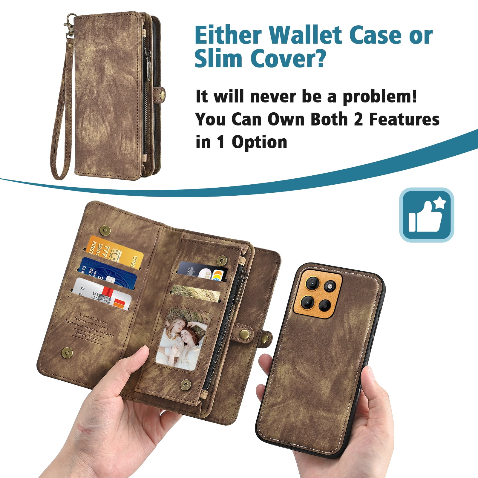 Asuwish Phone Case for Motorola Moto G15 4G Lte Zipper Wallet Detachable Cell Cover with Tempered Glass Screen Protector Crossbody Lanyard Strap Flip Card Holder MotoG15 G 15 XT2521-2 Women Men Brown