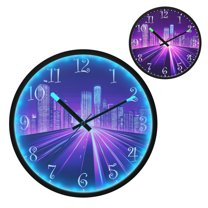 Voice Activated Clock with Glow Light 12 Inch Large Silent Wall Clock Battery Operated for Home Decor Purple City Skyline