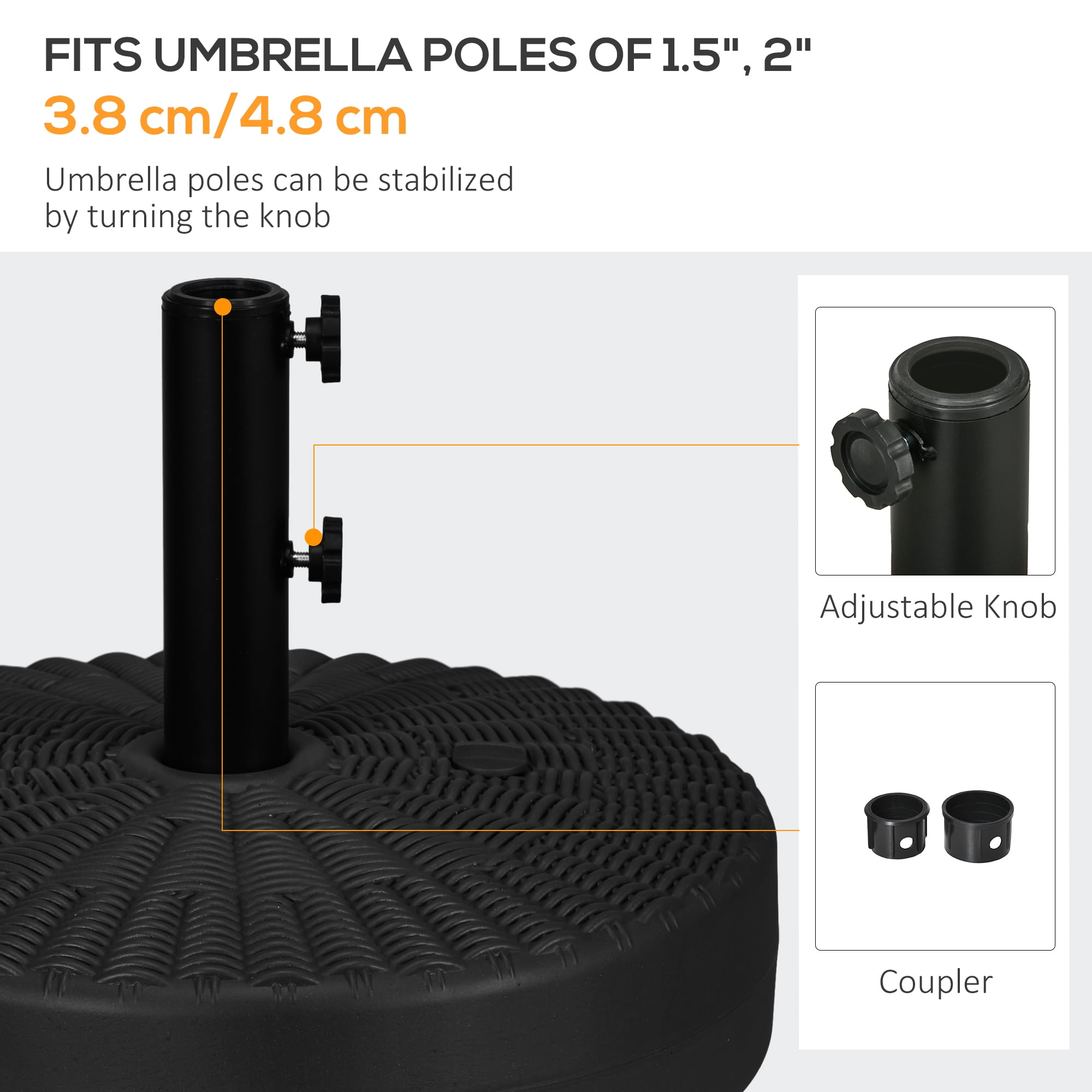 Outsunny Fillable Umbrella Base for 1.5"-2" Pole, Umbrella Stand, Black