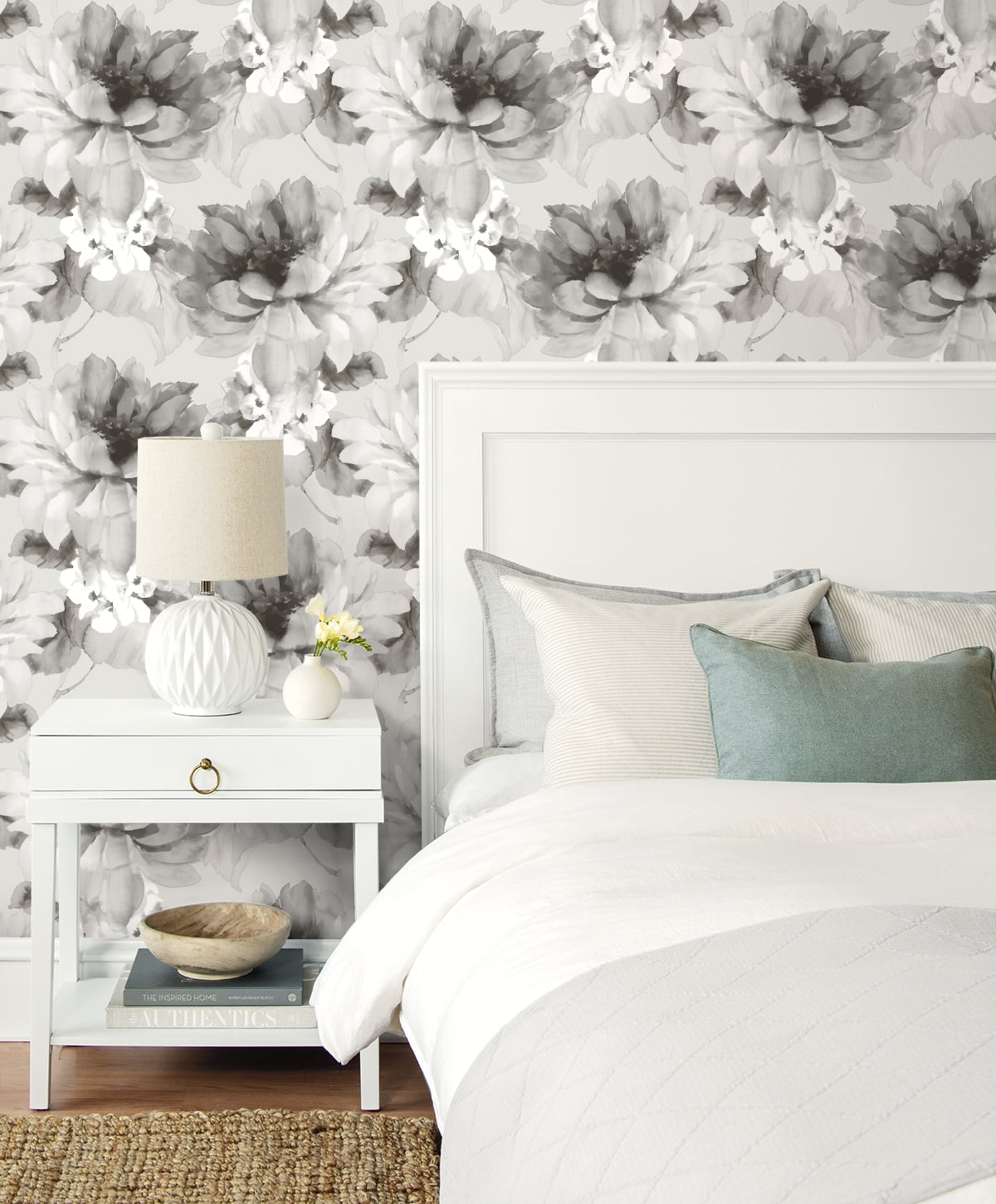 NextWall Harry & Grace Watercolor Floral Peel and Stick Wallpaper 20.5 in. W x 18 ft. L - Ash & Metallic Silver