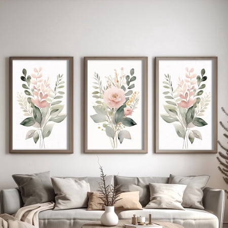 Elegant Boho Wall Art Sage Green Blush Pink Botanical Print Set 3, Poster Only