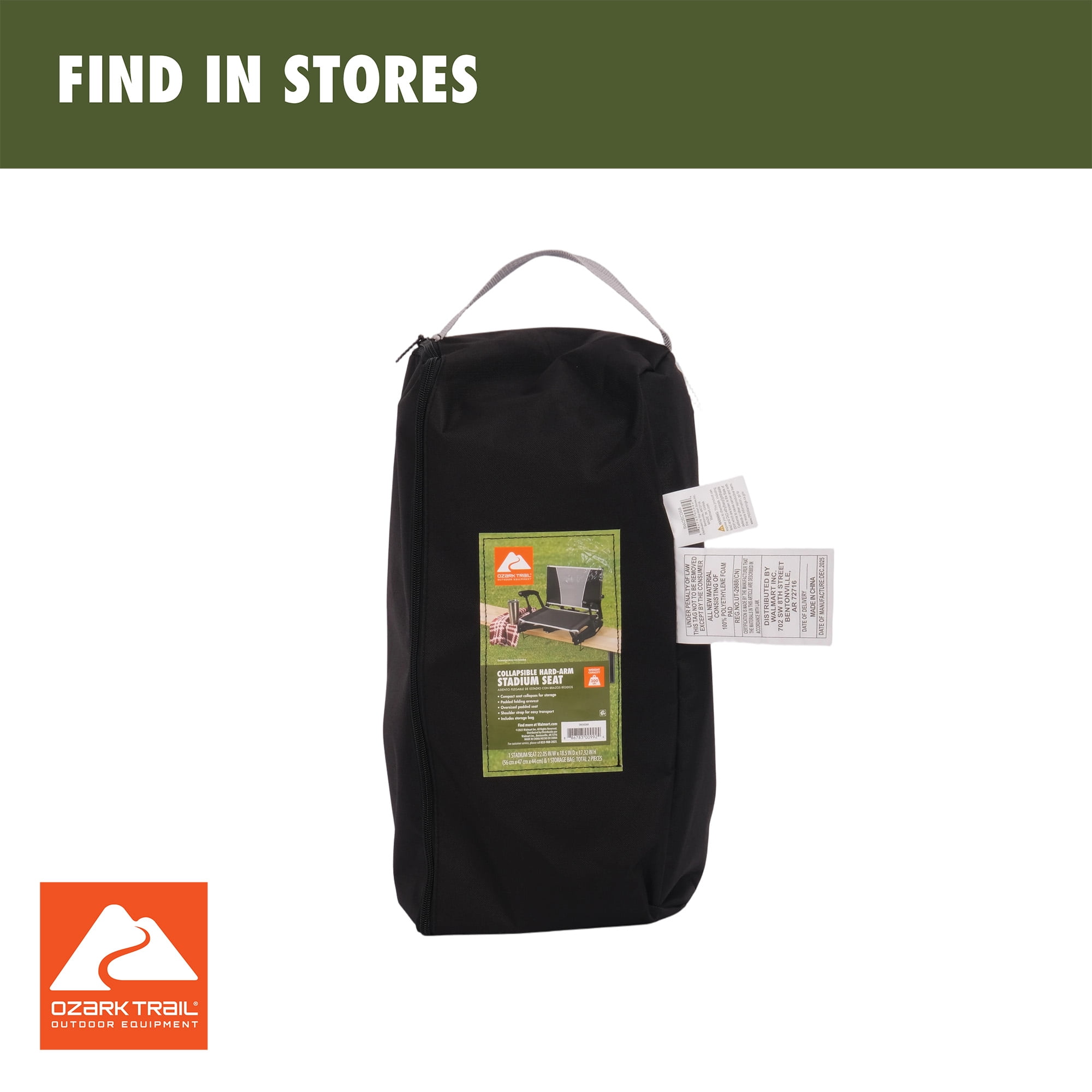 Ozark Trail Collapsible Hard-Arm Stadium Seat, Black