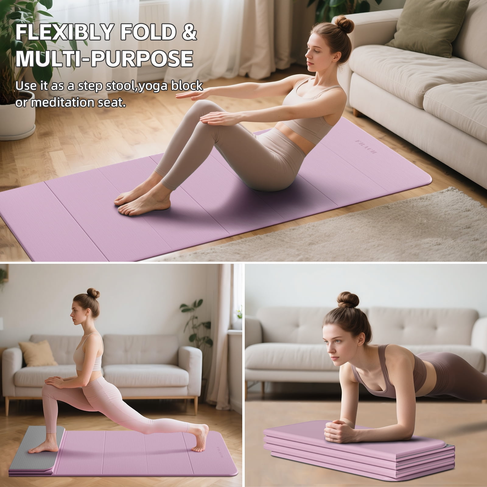 Frach Foldable Yoga Mat Extra Thick 0.5",Non-Toxic Odorless Joint Support for Beginner,Gymnastics Mat for Indoor and Outdoor(Purple+Gray)