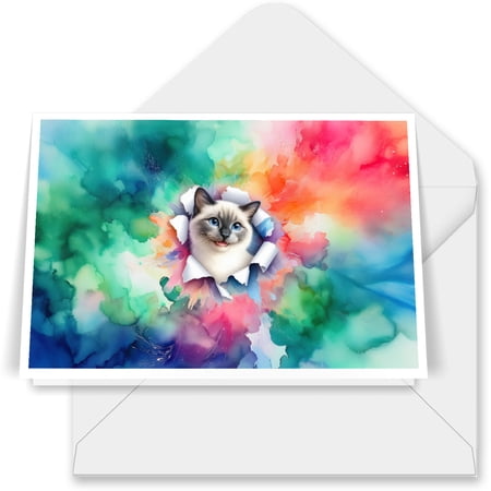 Funny Watercolor Adorable Siamese Peeking Through Torn Paper Effect 7x5in Folded Greeting Card Cat Lover Kitten Owner Gifts Single Note Card with Envelope - 00026