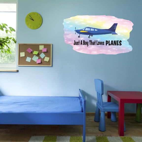 Watercolor Decal Just A Boy That Loves Planes Living Room Wall Decal for Family Inspirational Quotes Aircraft Vinyl Art Cute Themed Room Décor - Size: 40 In x 24 In