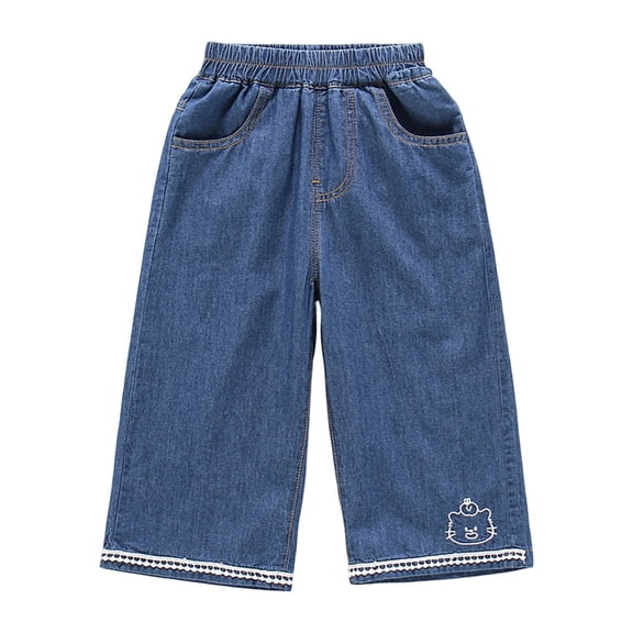 Landzoo Toddler Girls Denim Pants Graphic Wide Leg Jeans Lightweight Breathable Fall Casual Kid Girls Baggy Trousers