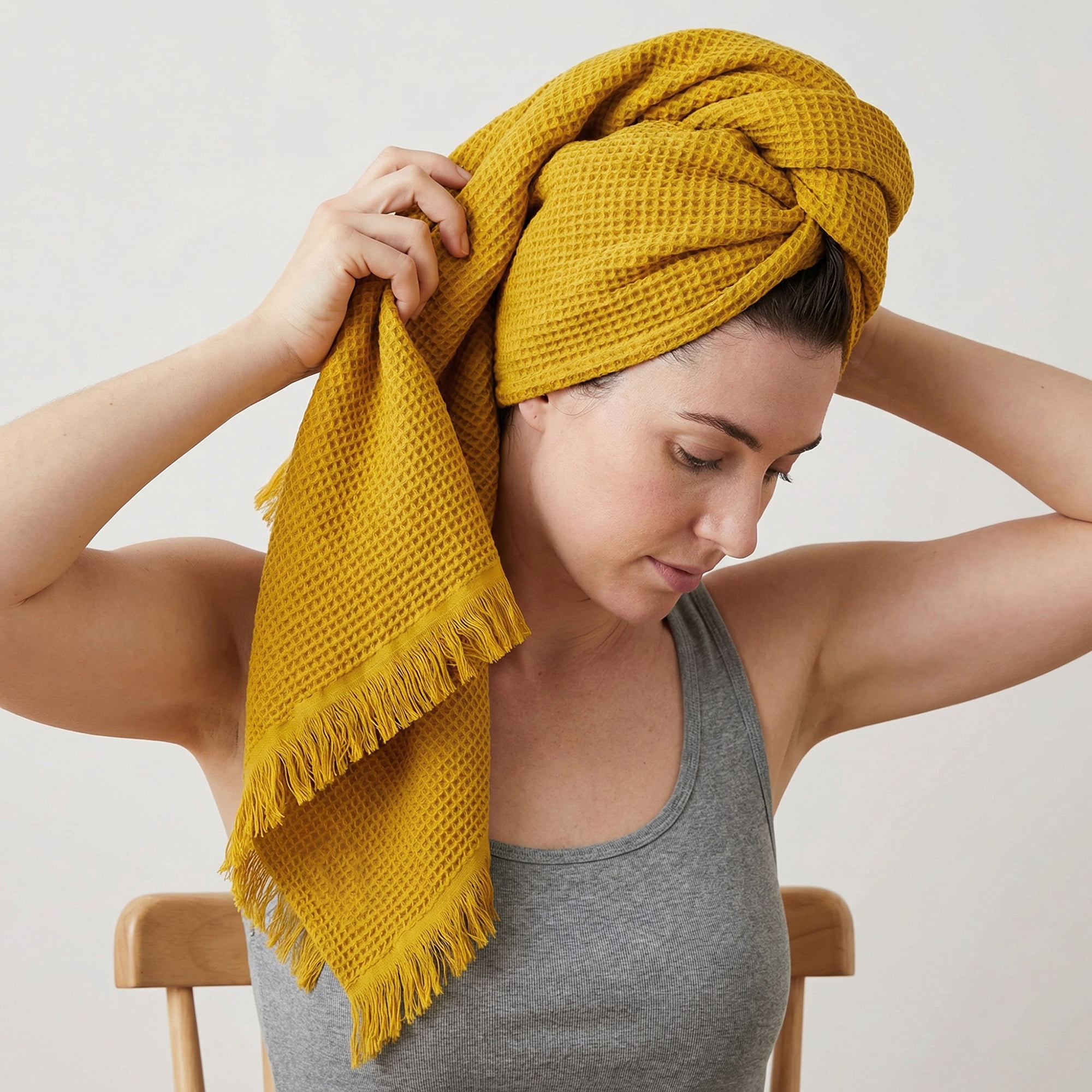 Unique Bargains Highly Absorbent Cotton Waffle Bath Towel with Tassel Yellow 71" x 35"